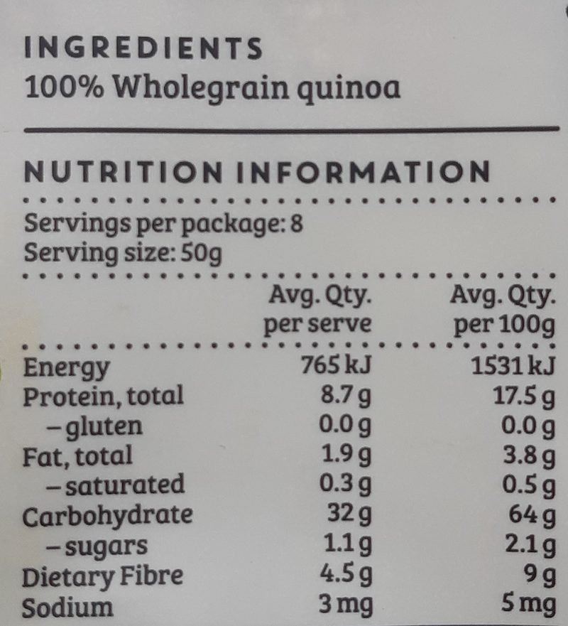 Nutrition information panel on a packet of quinoa: 8.7 g protein per 50 g serve, 17.5 g per 100 g