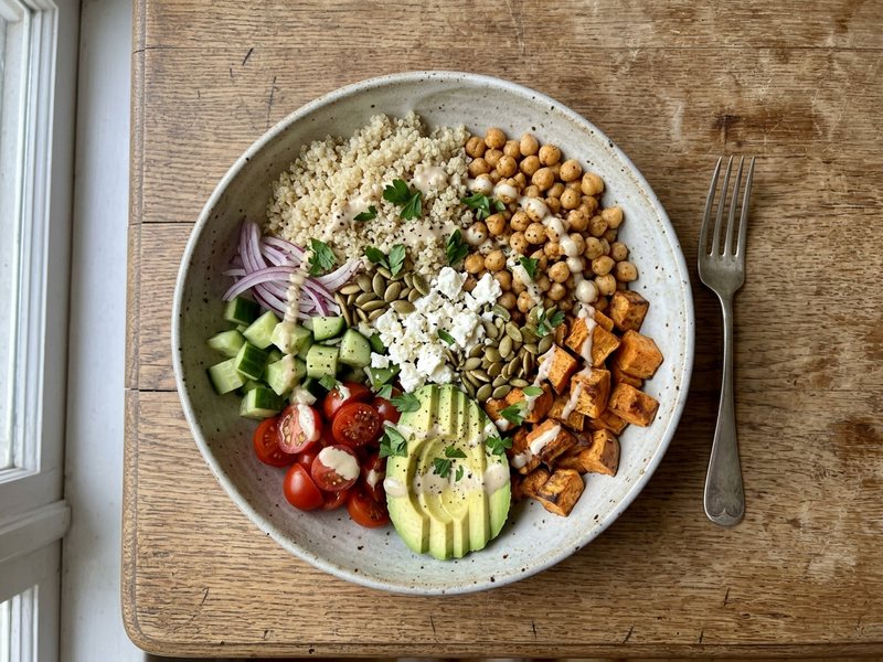 A quinoa bowl with chickpeas, roasted sweet potato, avocado, cherry tomatoes, cucumber, feta and pumpkin seeds, seen from above